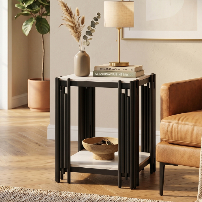 Mesa auxiliar de dos niveles en mdf y vidrio negro blanco 55x43x40cm