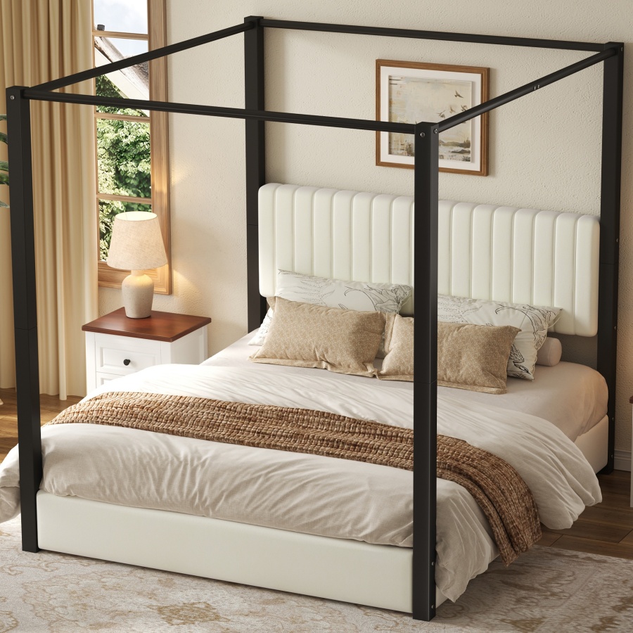 Cama con dosel 180x200 cm y cabecero de terciopelo – negro