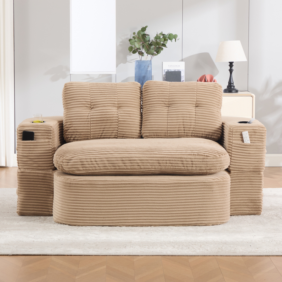 Sillón cama convertible caqui con terciopelo acanalado y posavasos