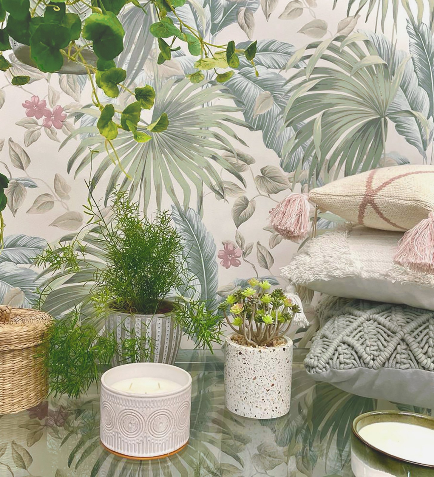 Papel pintado gaulan de hojas de palmera tropical verde azul y 5.33m²