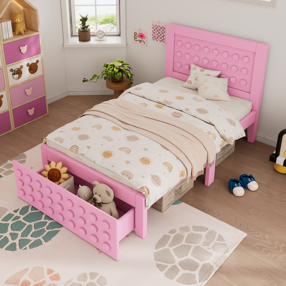 Cama individual infantil 90x200cm diseño bloques con cajón, madera – rosa