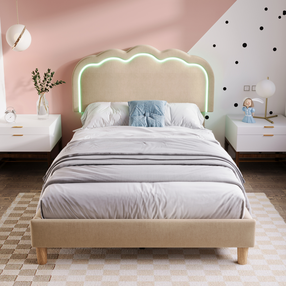 Cama tapizada 90x200cm con cabecero LED ajustable lino – beige