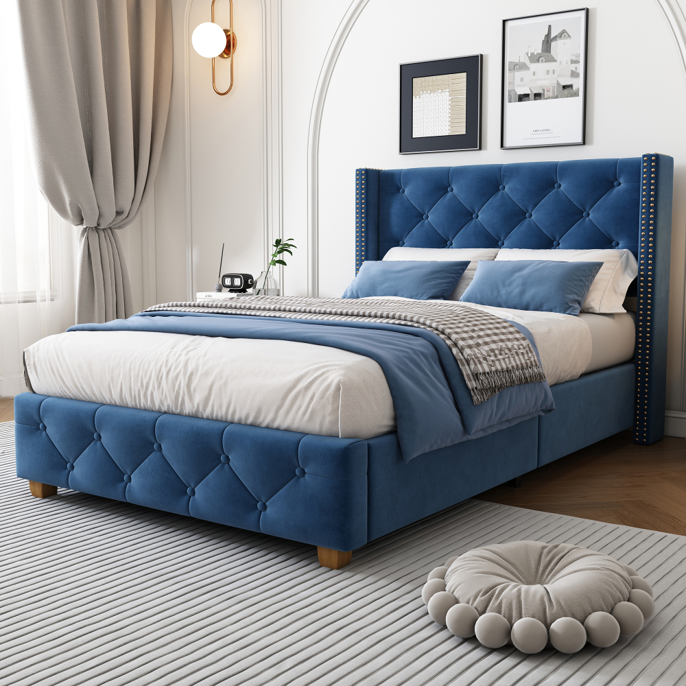 Cama tapizada 90x200cm con cabecero acolchado terciopelo – azul