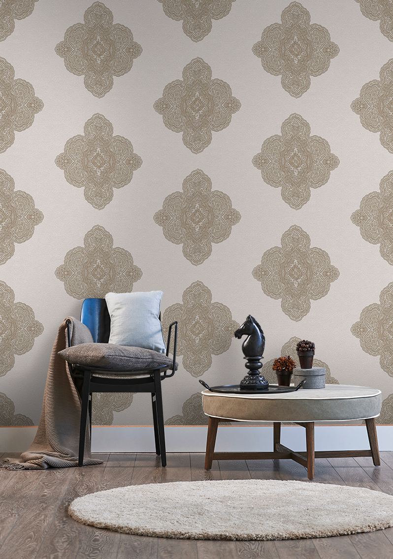 Papel pintado tnt medallón damasco dorado y gris