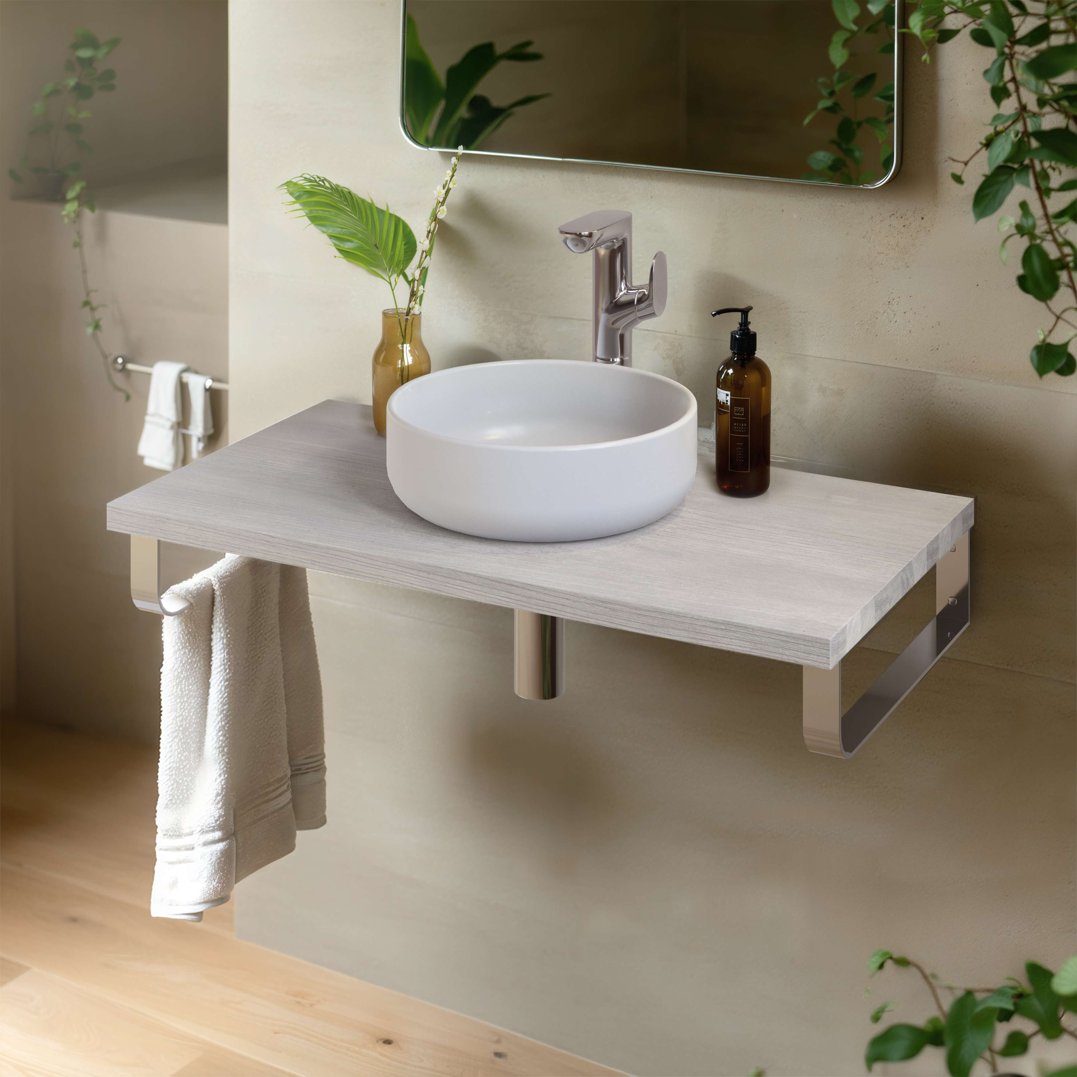 Encimera lavabo 91x49x3 cm chapa fresno natural con soportes cromados