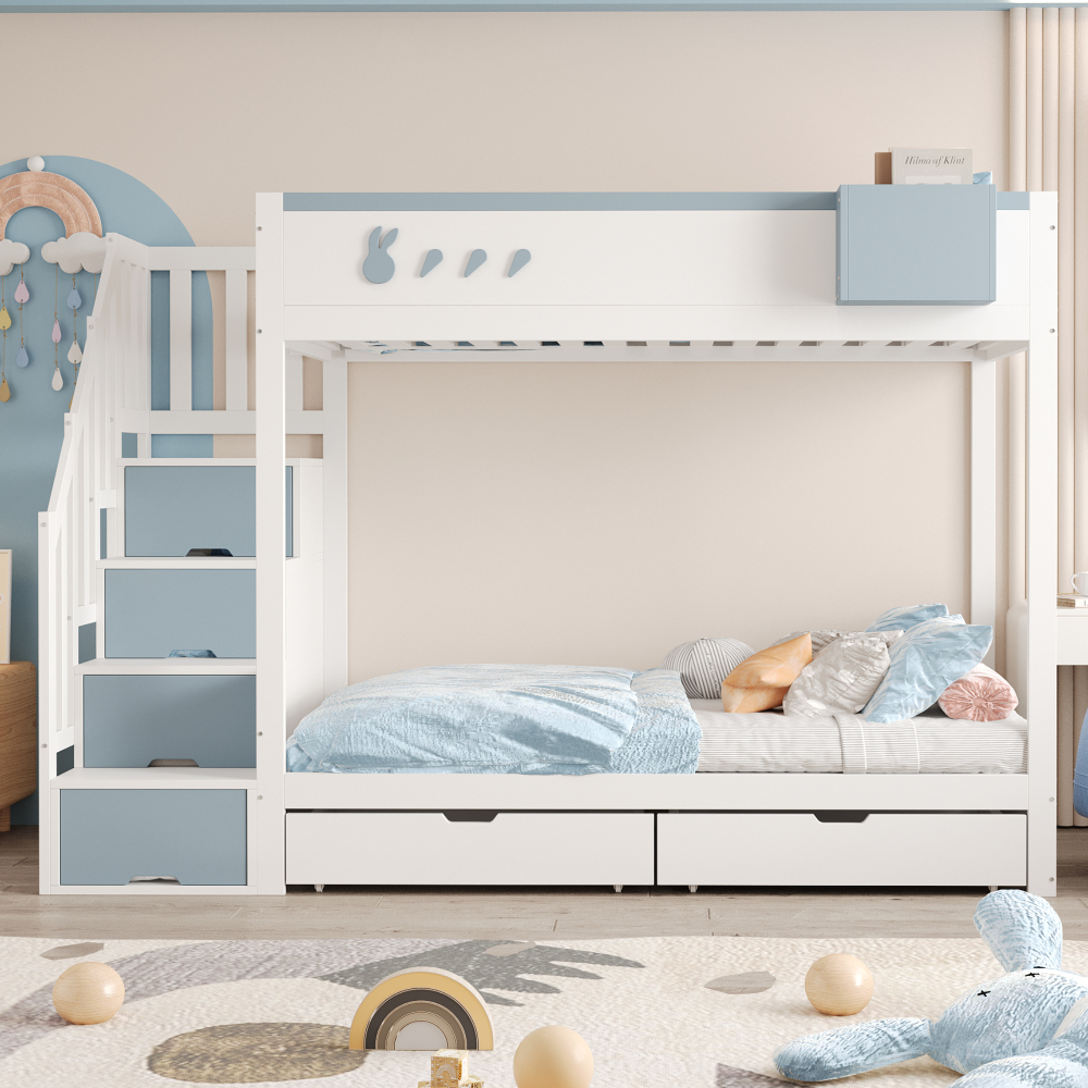 Litera 90x200cm con cajones y escalera con almacenaje madera blanco y azul