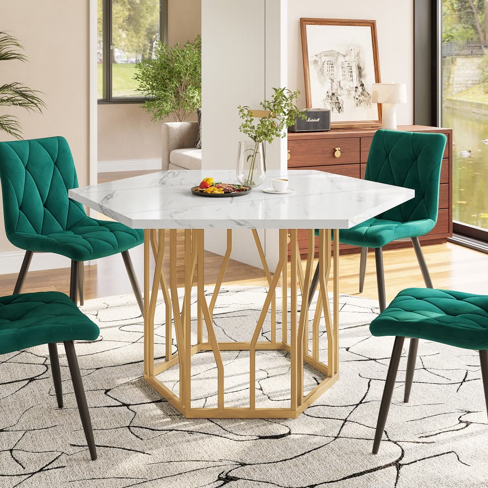 Mesa de comedor hexagonal mdf efecto mármol blanco dorado 75x115,5x100cm