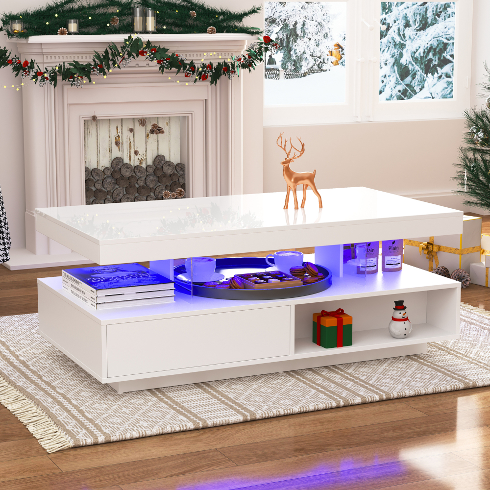 Mesa de centro con LED tablero de partículas blanco 42,5x95x50cm