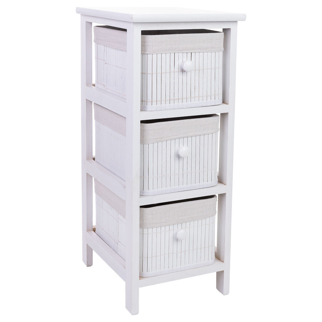 Cajonera blanca de madera con 3 cajones de bambú forrados 26x32x63 cm