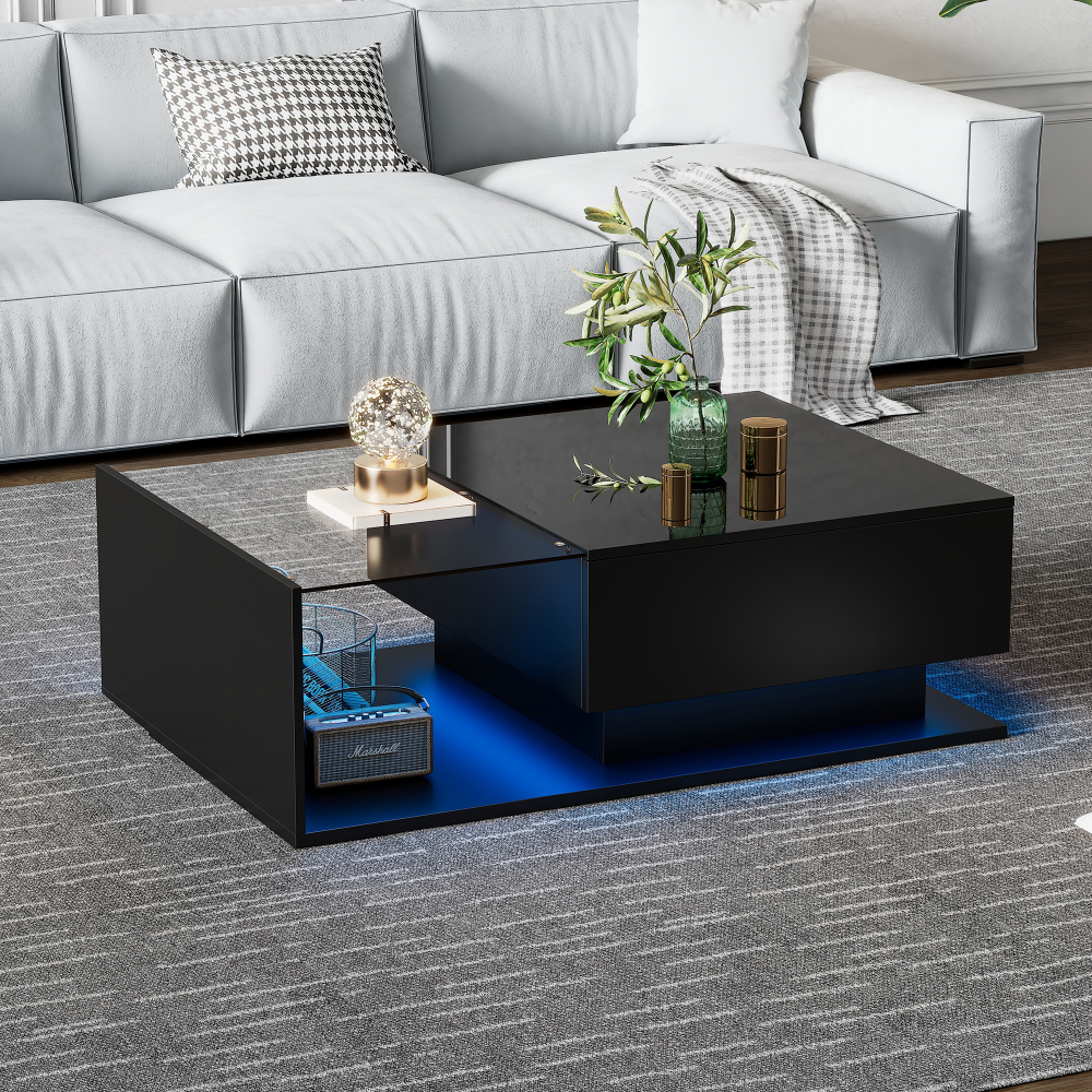 Mesa de centro con LED y 1 cajón negro brillo con cristal 32x100x50cm