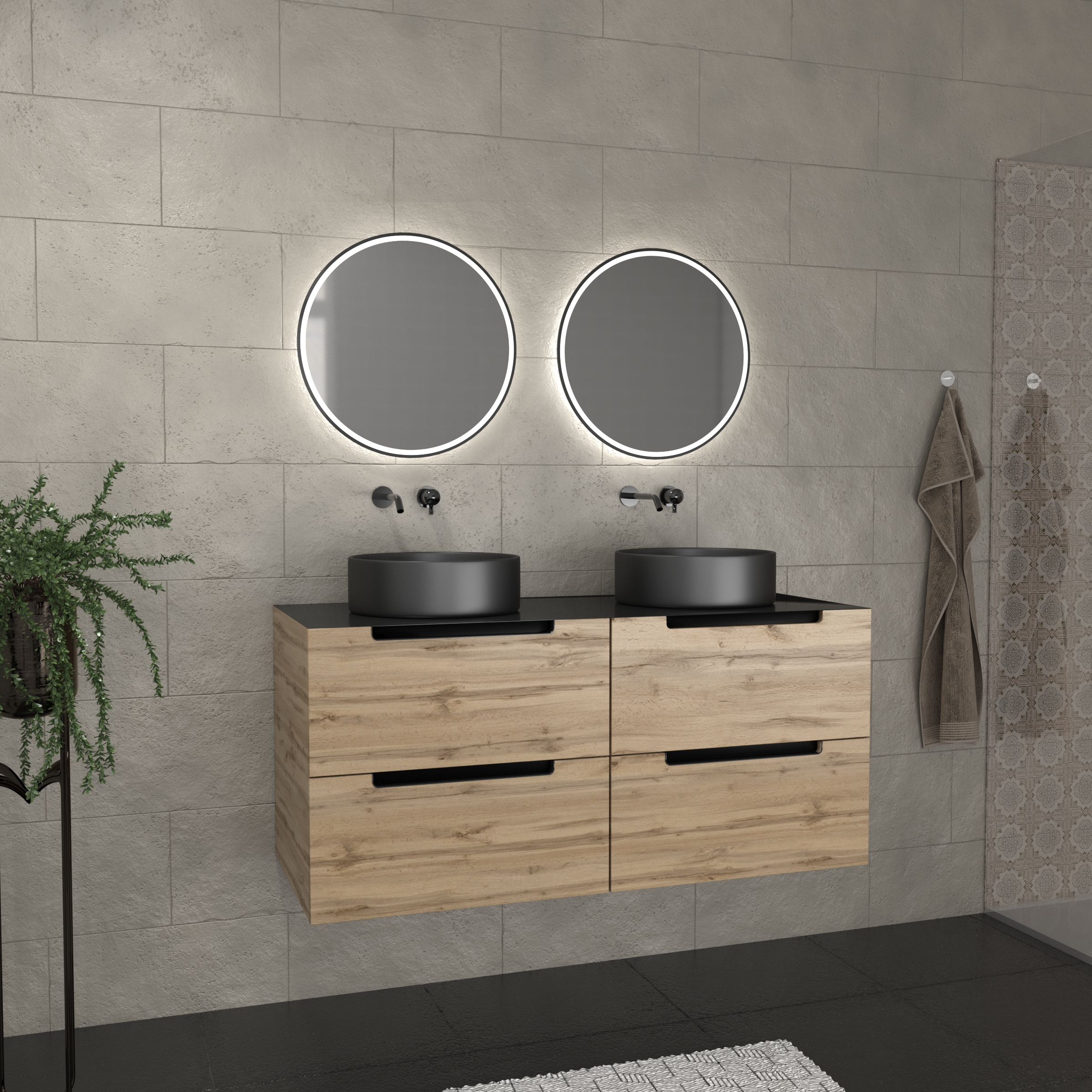 Mueble baño 120 cm roble y negro + lavabos ø36 cm + espejos LED