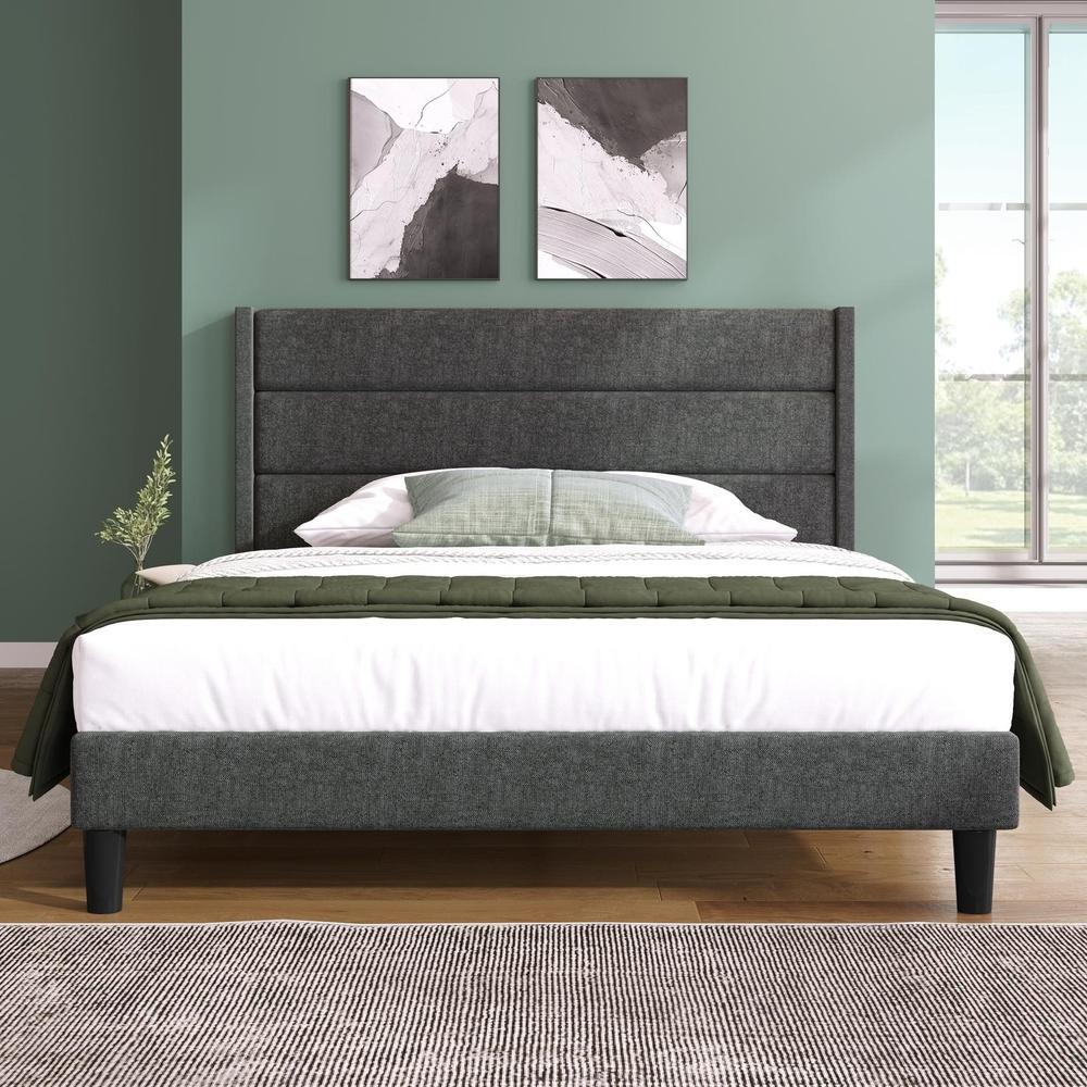 Cama tapizada 140x200cm gris oscuro, cabecero 3 paneles, sin somier