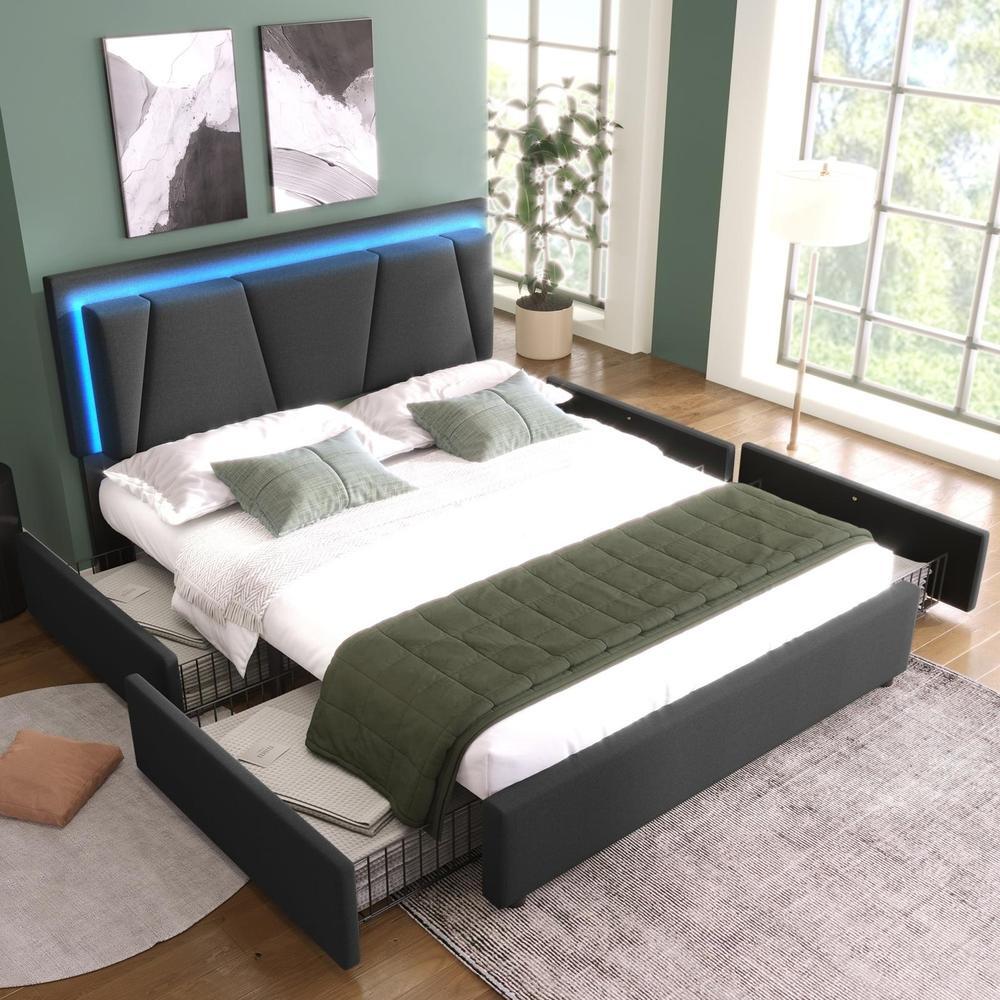 Cama doble tapizada 140x200 cm con LED, cabecero ajustable, gris