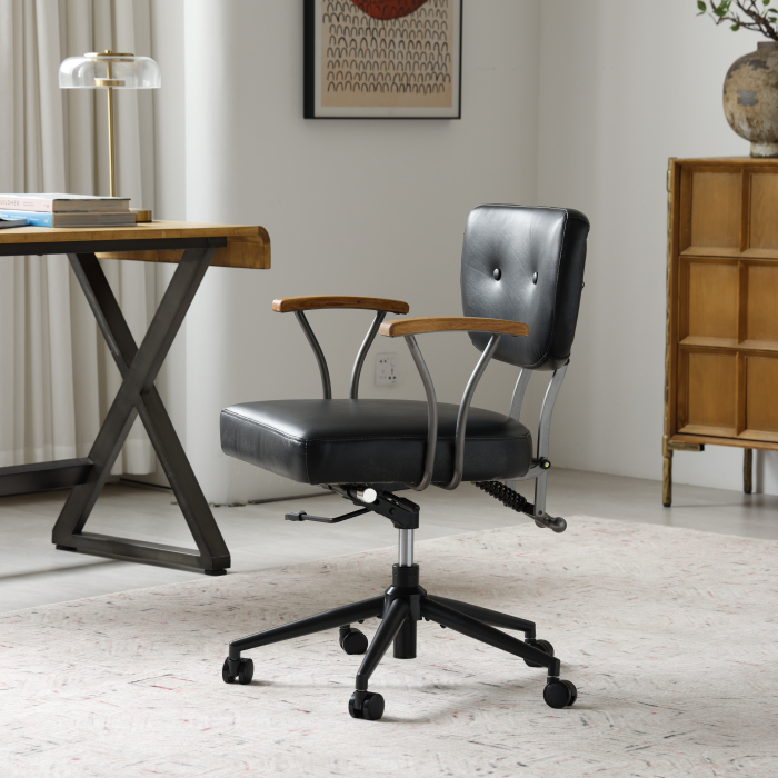 Silla de oficina ergonómica cuero negro giratoria con ruedas acero