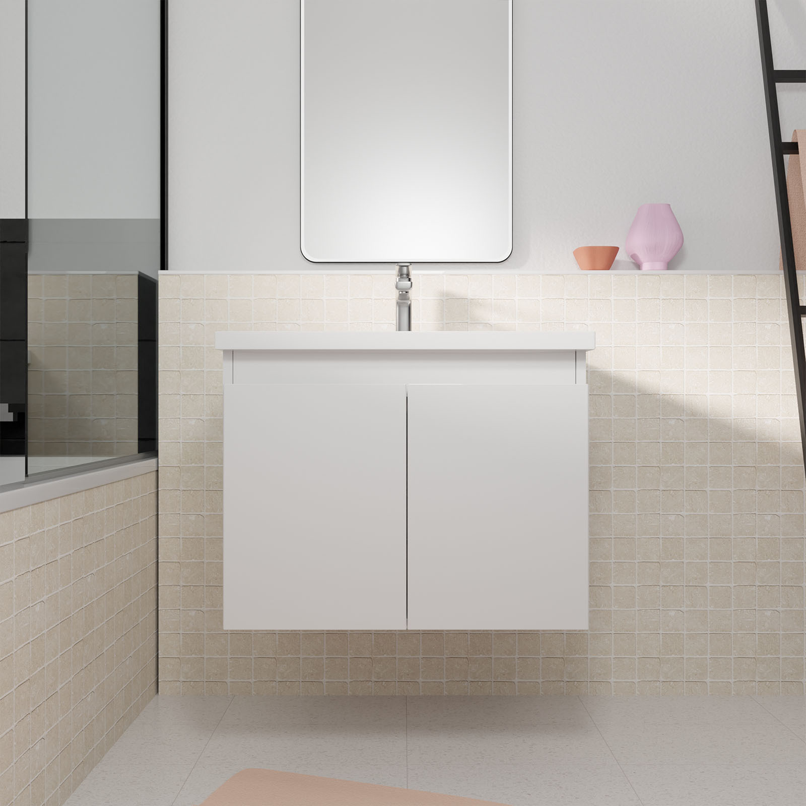 Mueble de baño suspendido 60cm blanco 2 puertas lavabo blanco - elementary
