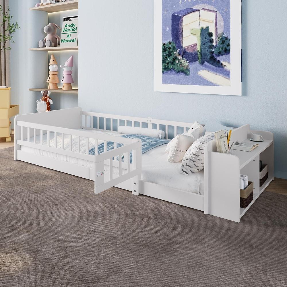 Cama infantil madera maciza 90x200cm, almacenaje, estantes, blanco