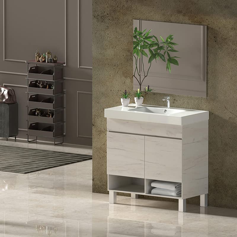 Mueble nebari, lavabo y espejo 120x45cm 1 seno con cajón blanco nórdico