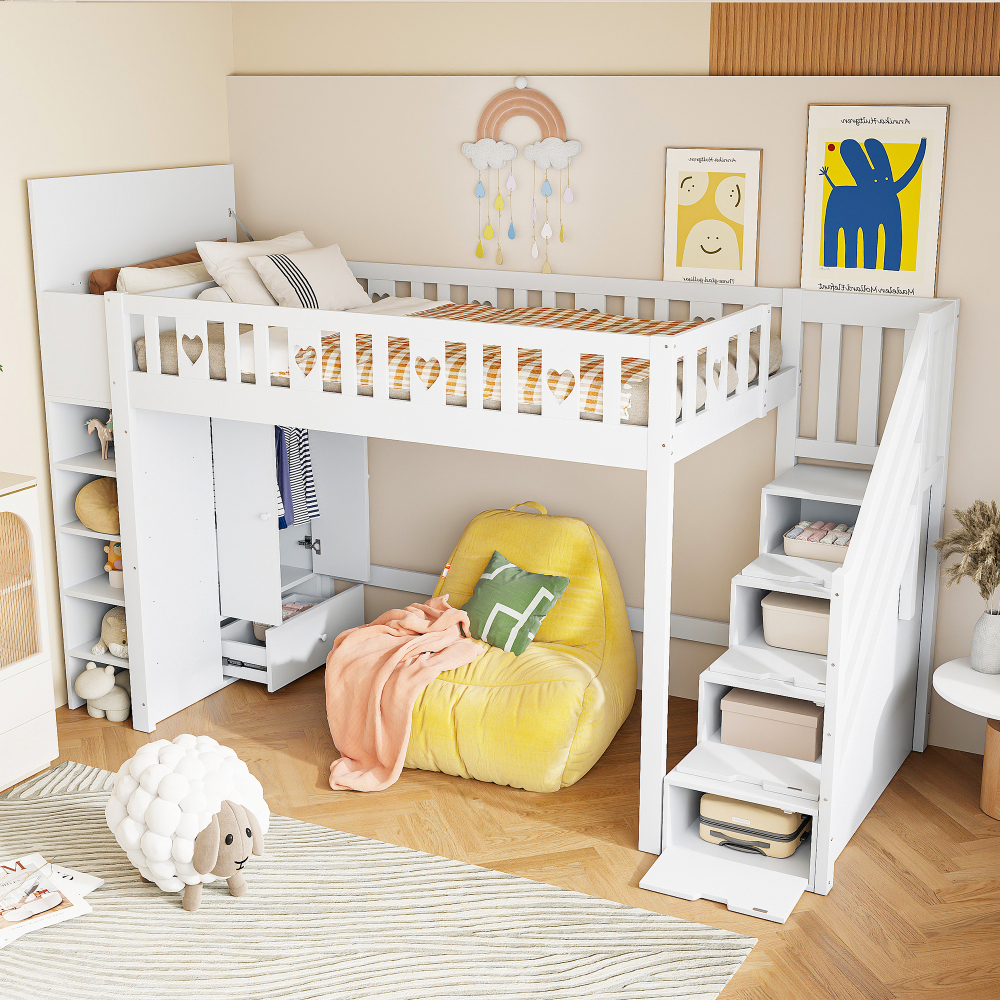 Cama alta 90x200cm con armario y estantes y almacenaje pino y mdf blanco