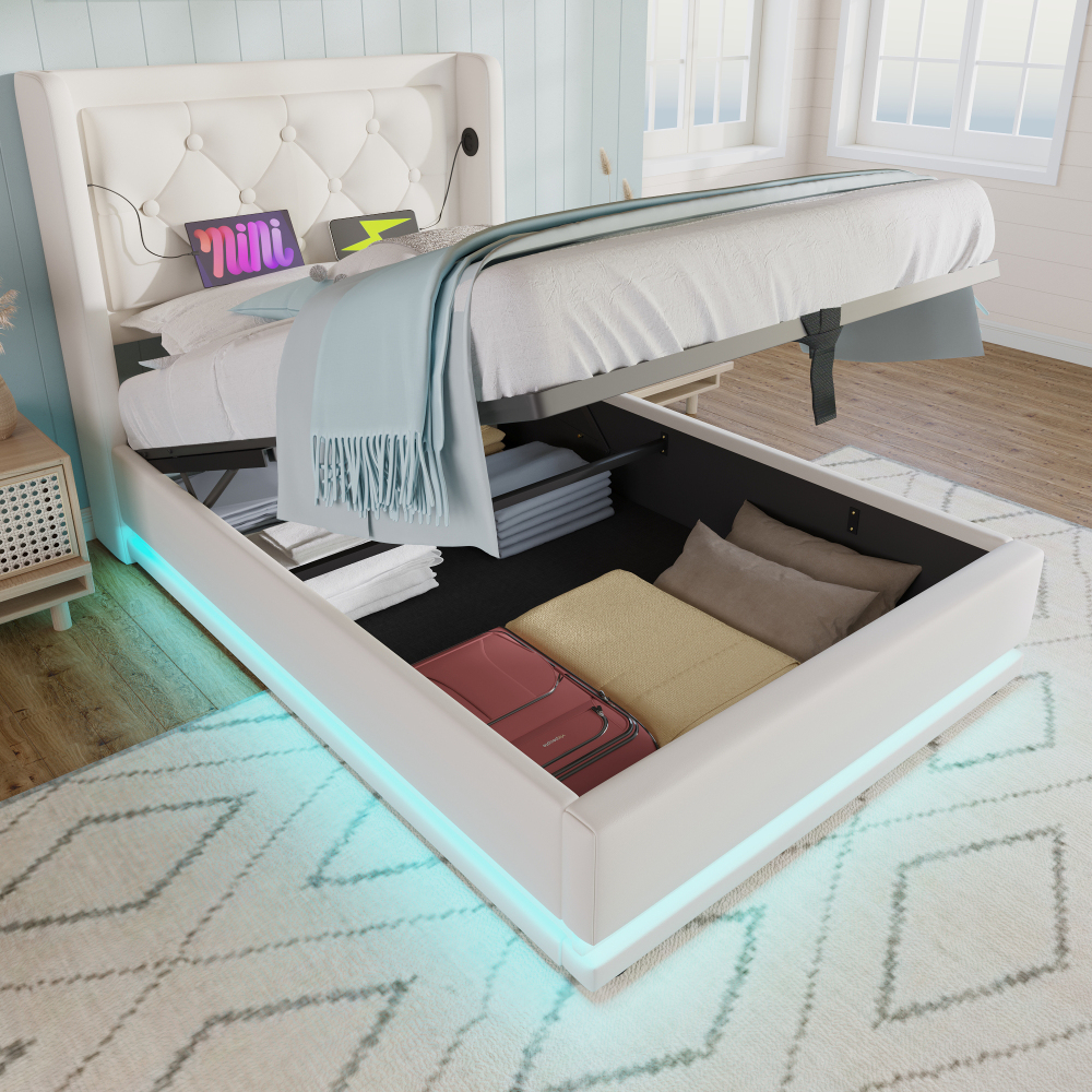 Cama individual tapizada 90x200cm con canapé hidráulico usb-c LED pu blanco