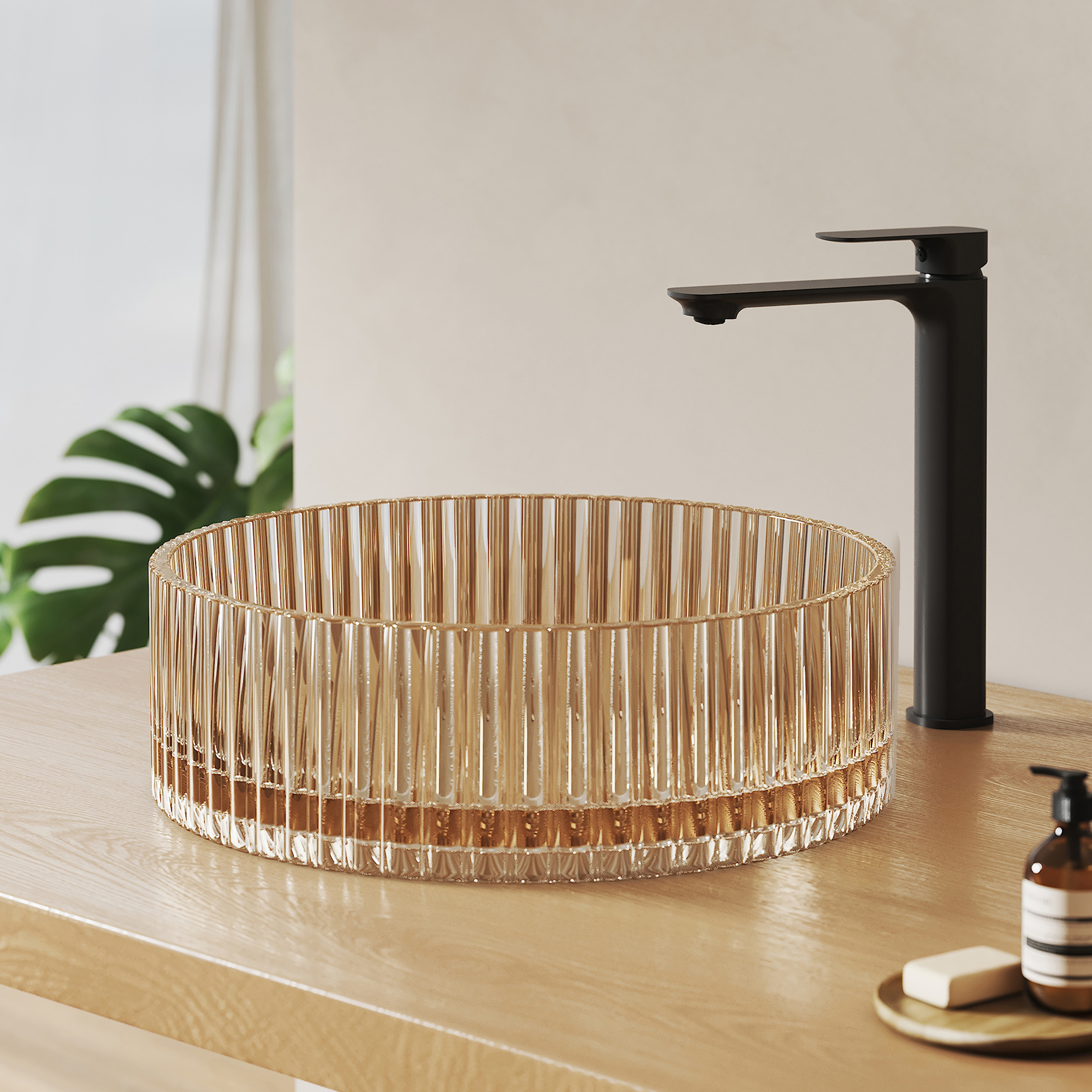 Emke lavabo redondo de encimera de vidrio templado 40x40x12cm, oro rosa