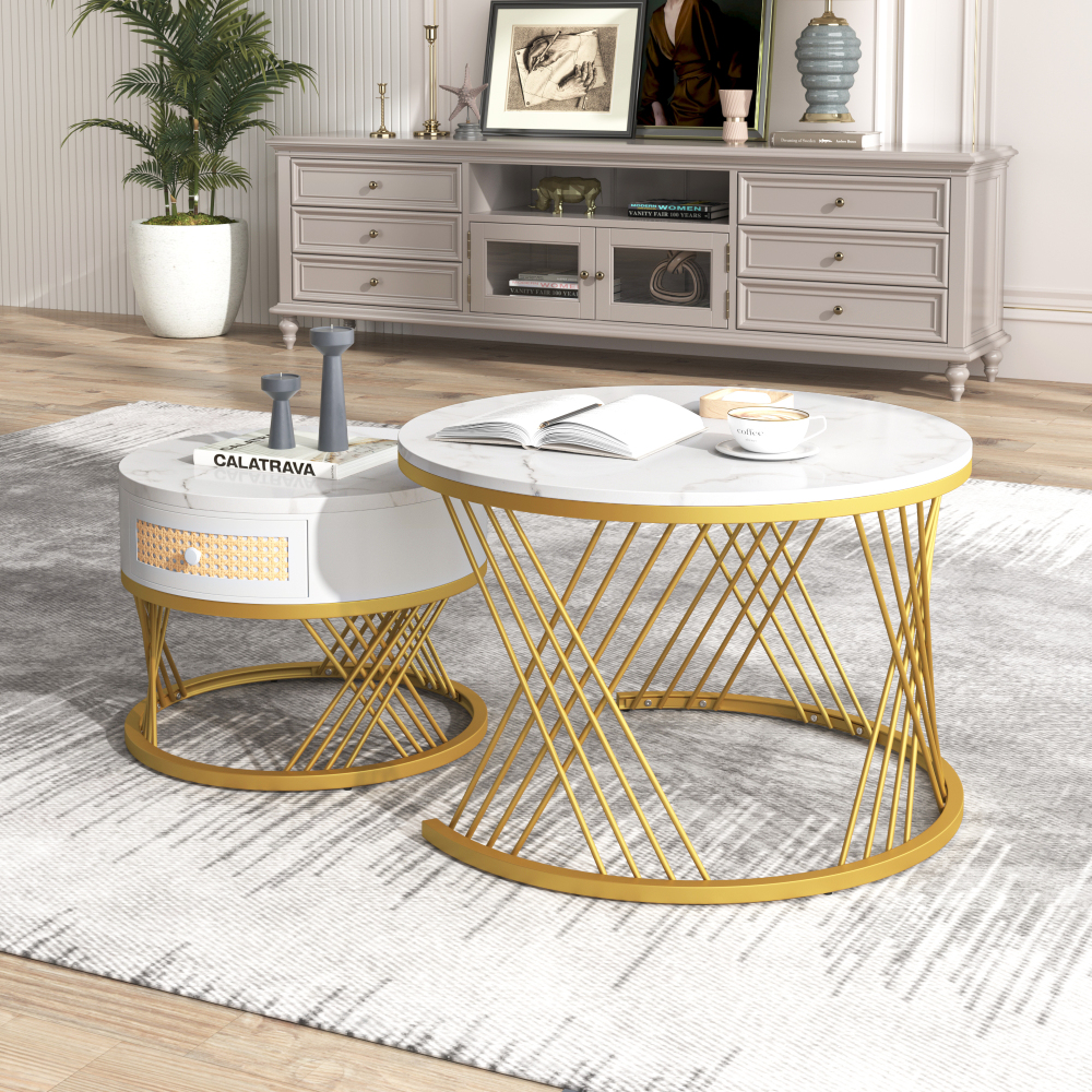 Mesas de centro redondas 2 piezas con cajón mdf blanco y oro 45,5x70x70cm