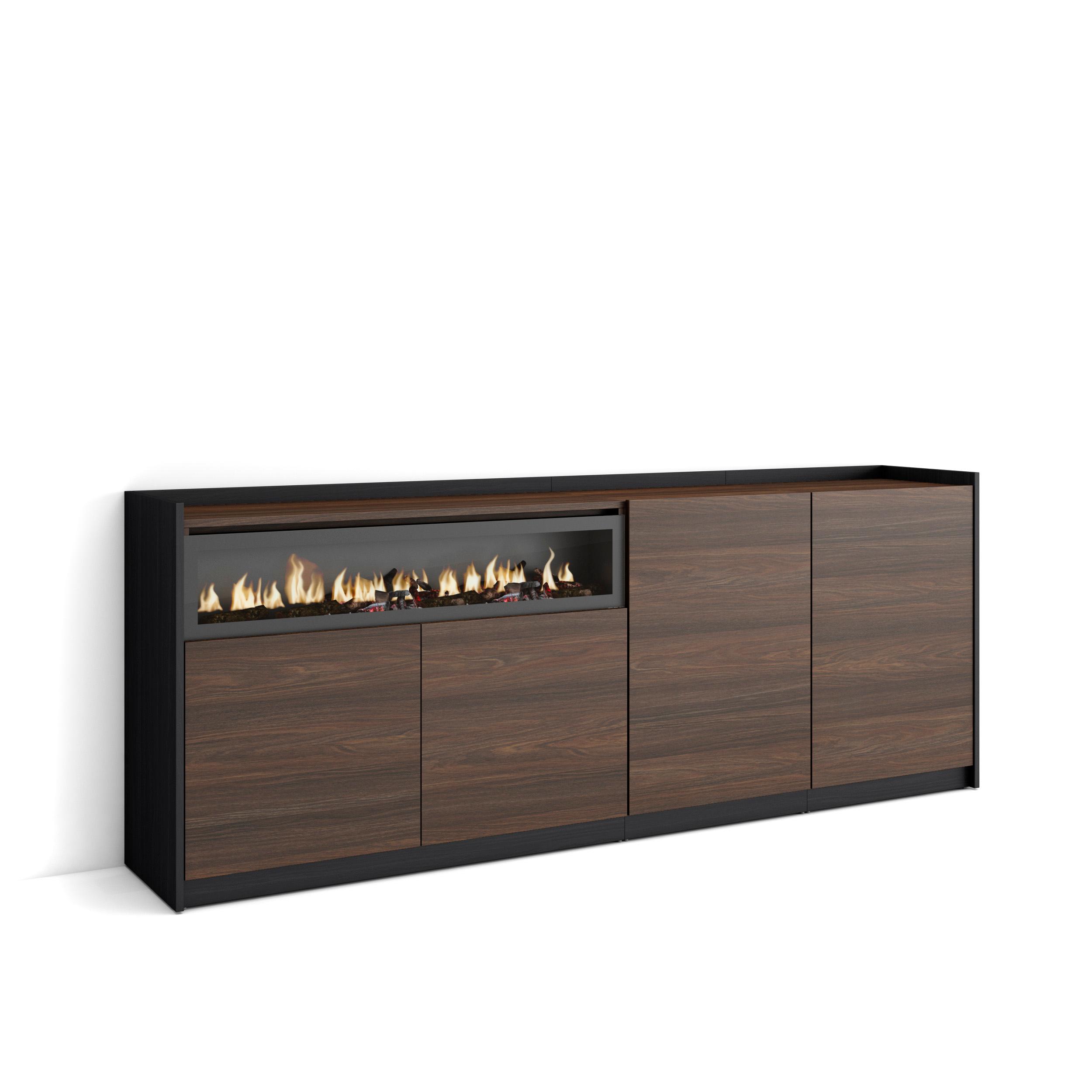 Aparador, 207x37x80cm, roble oscuro y negro, chimenea eléctrica rf4271
