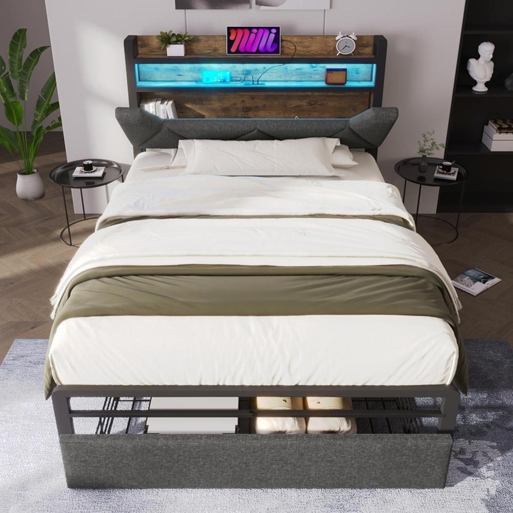 Cama 90x200cm con usb LED y cajón gris