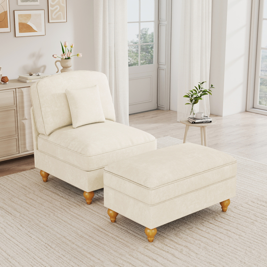 Sillón de chenilla blanco con reposapiés desmontable y cojín móvil