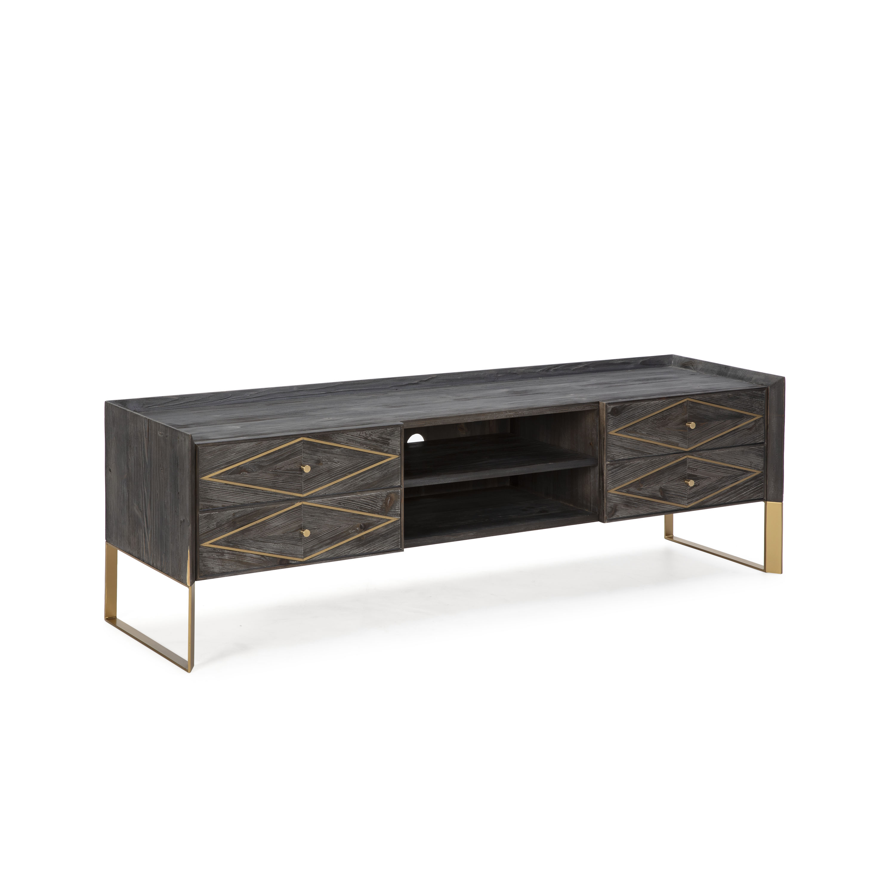 Mueble tv 176x45x55 madera gris, metal dorado