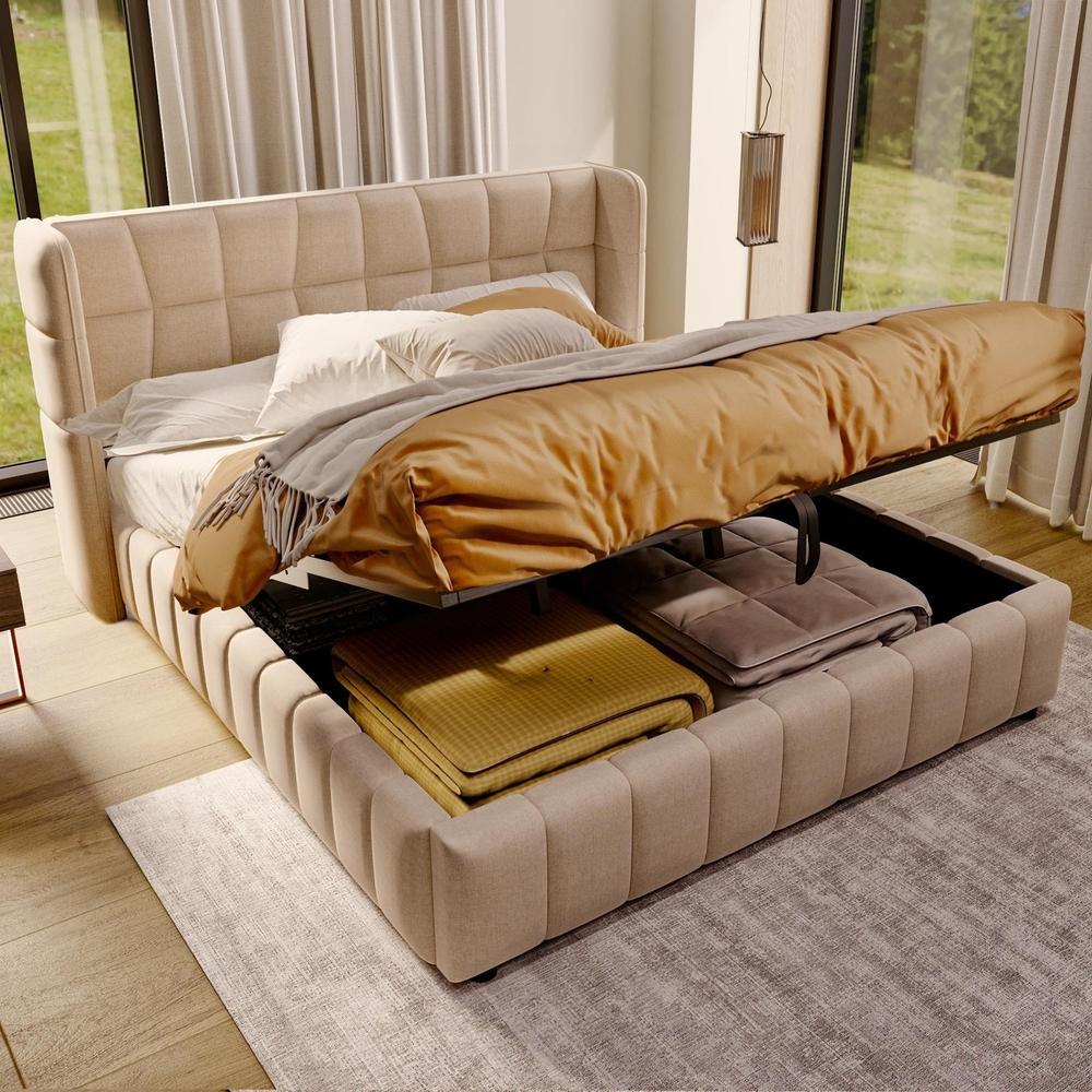 Cama de adulto 180x200cm con cabecero, almacenaje neumático, beige