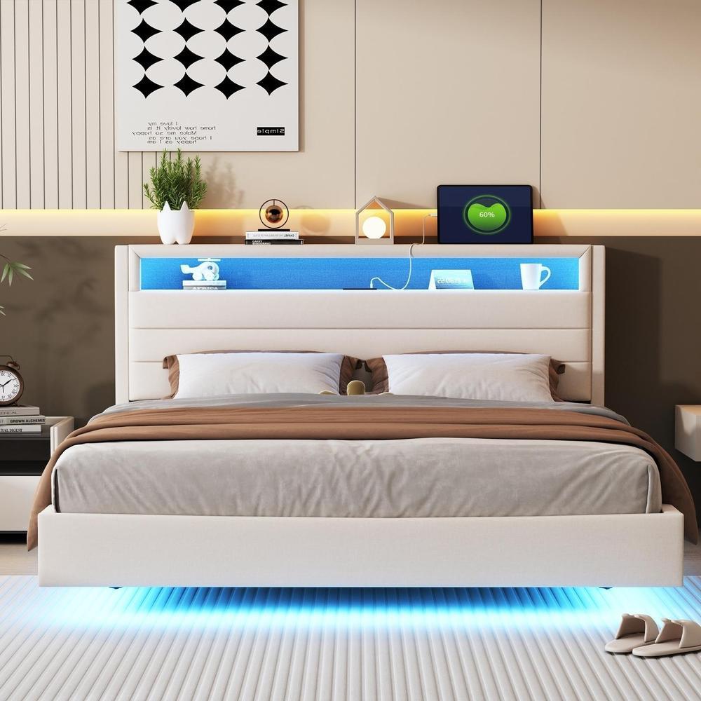 Cama doble tapizada con usb y LED 160x200cm beige