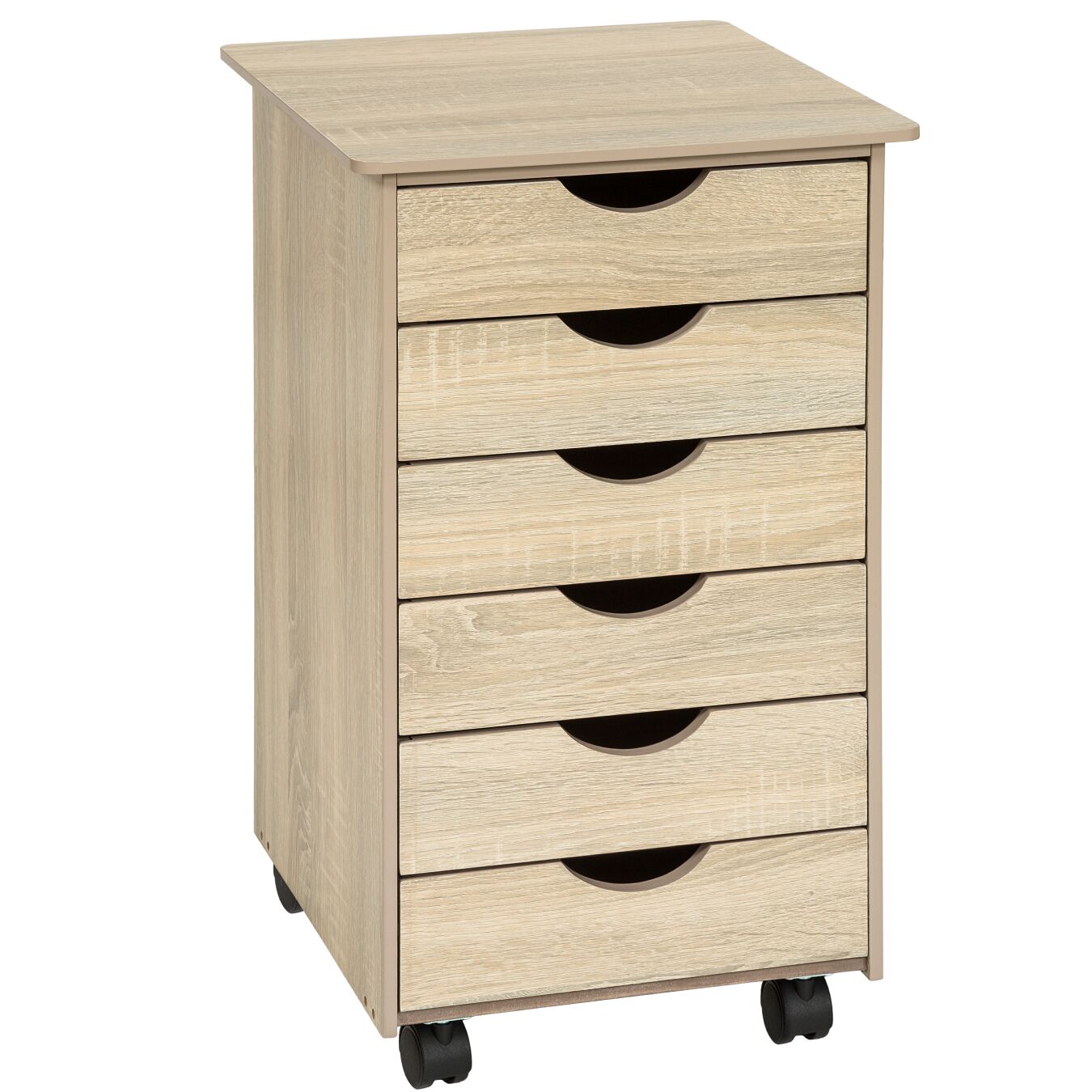 Cajonera de madera con ruedas y 6 cajones 65x36x40 cm madera clara
