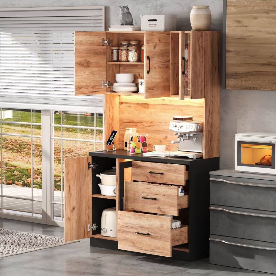 Armario alto cocina 3 cajones LED enchufes natural MDF 180x105x40cm