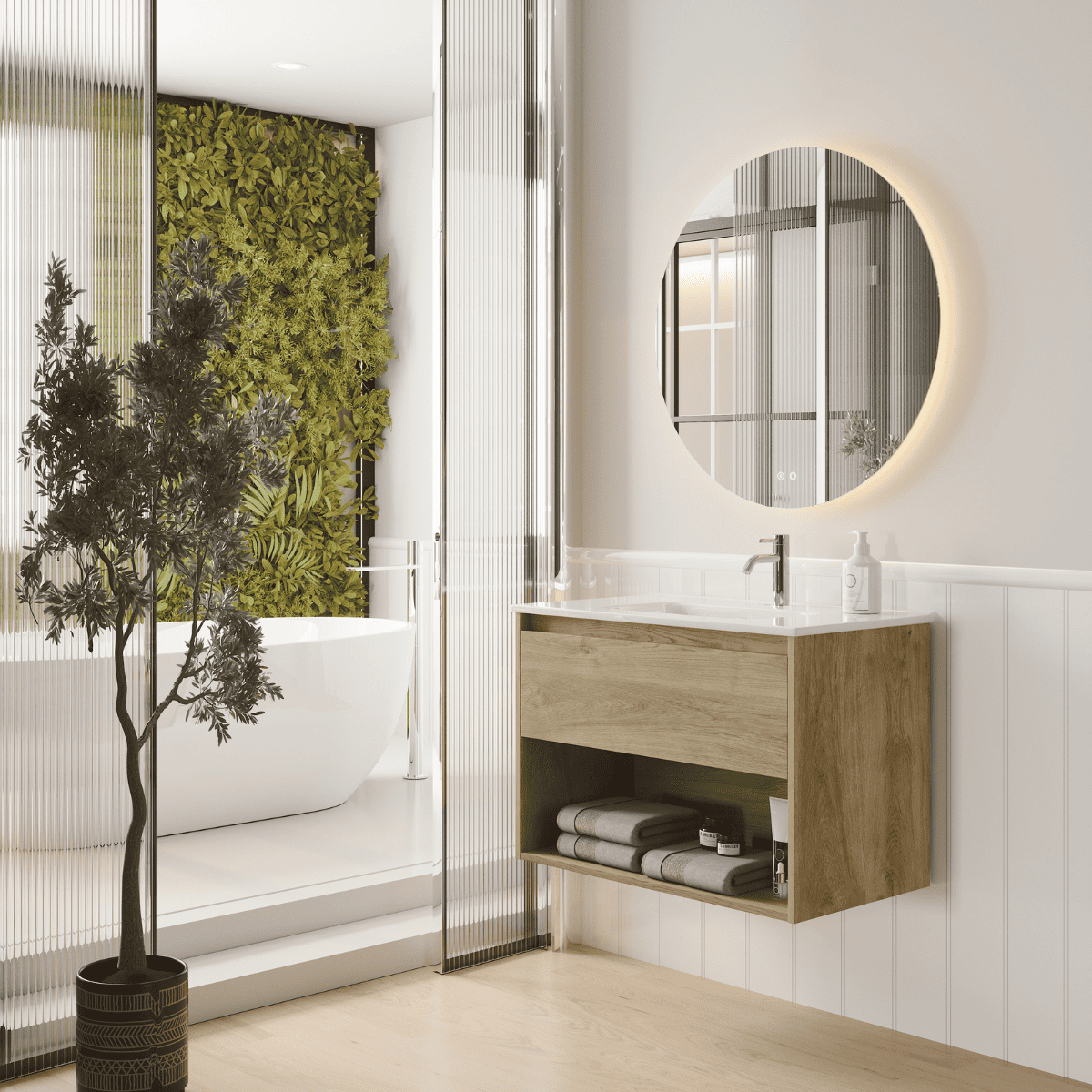 Mueble baño suspendido con lavabo cerámico 1caj+1hueco 100 cm roble natural