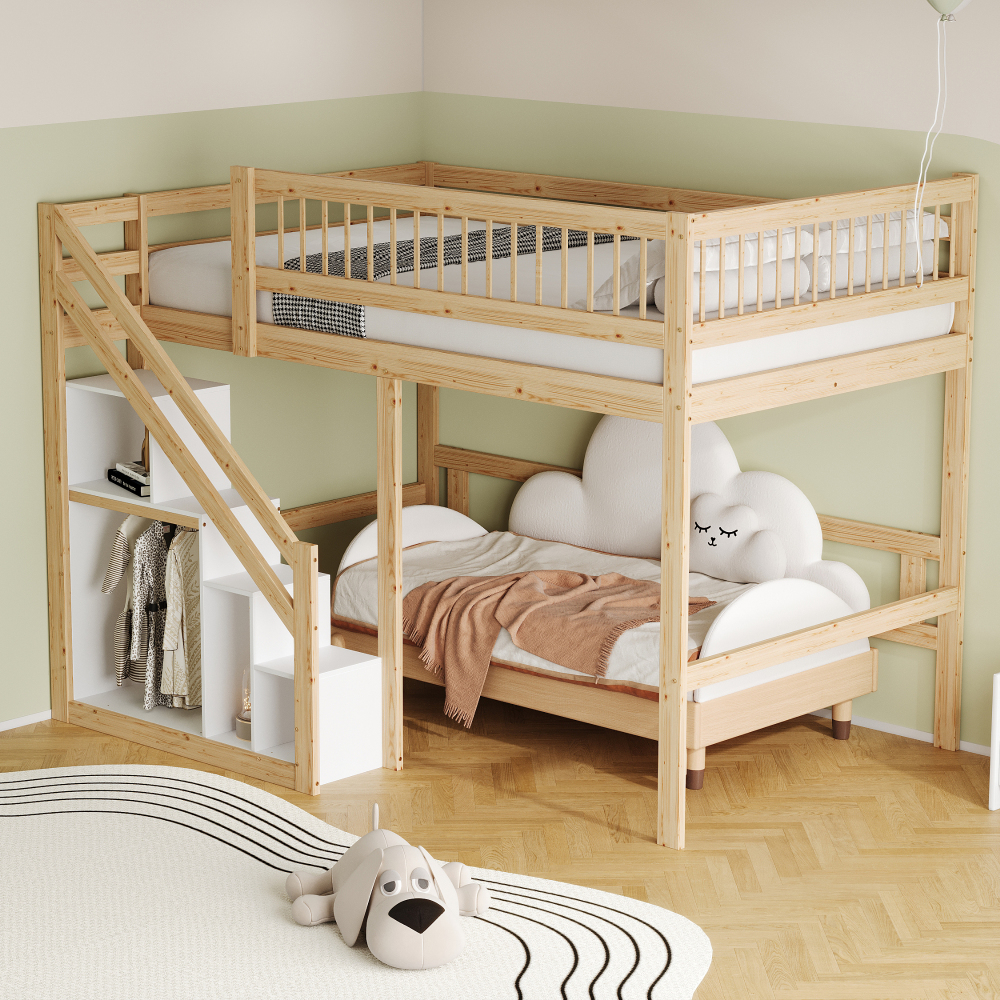 Cama de madera 140x200cm con escalera con almacenaje – natural
