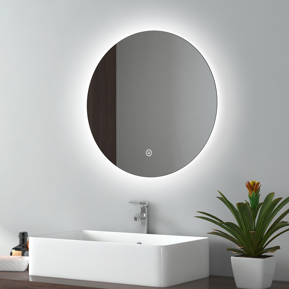 Emke espejo baño LED redondo 50cm, 3 tonos de luz, táctil, regulable