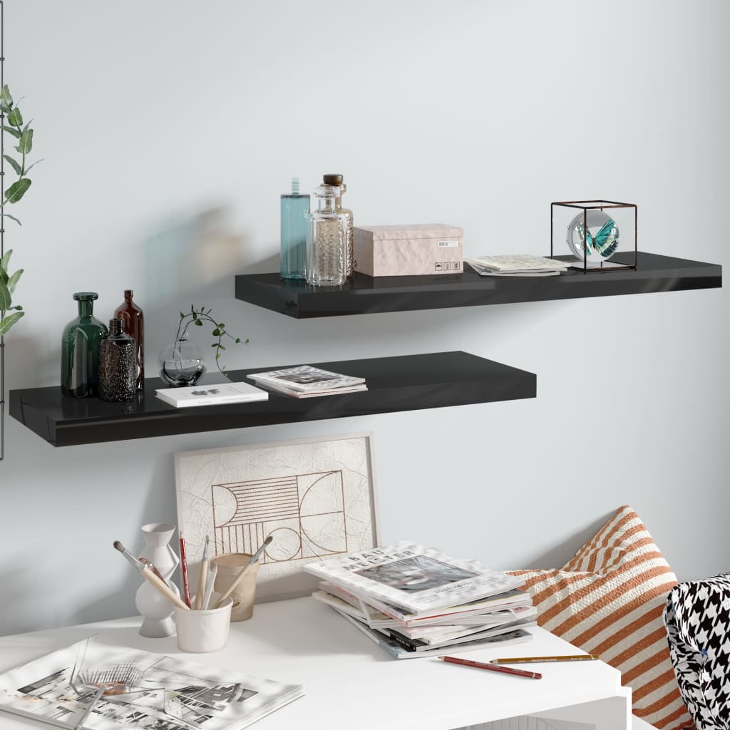 Estante flotante de pared 2 uds mdf negro brillo 80x23,5x3,8 cm