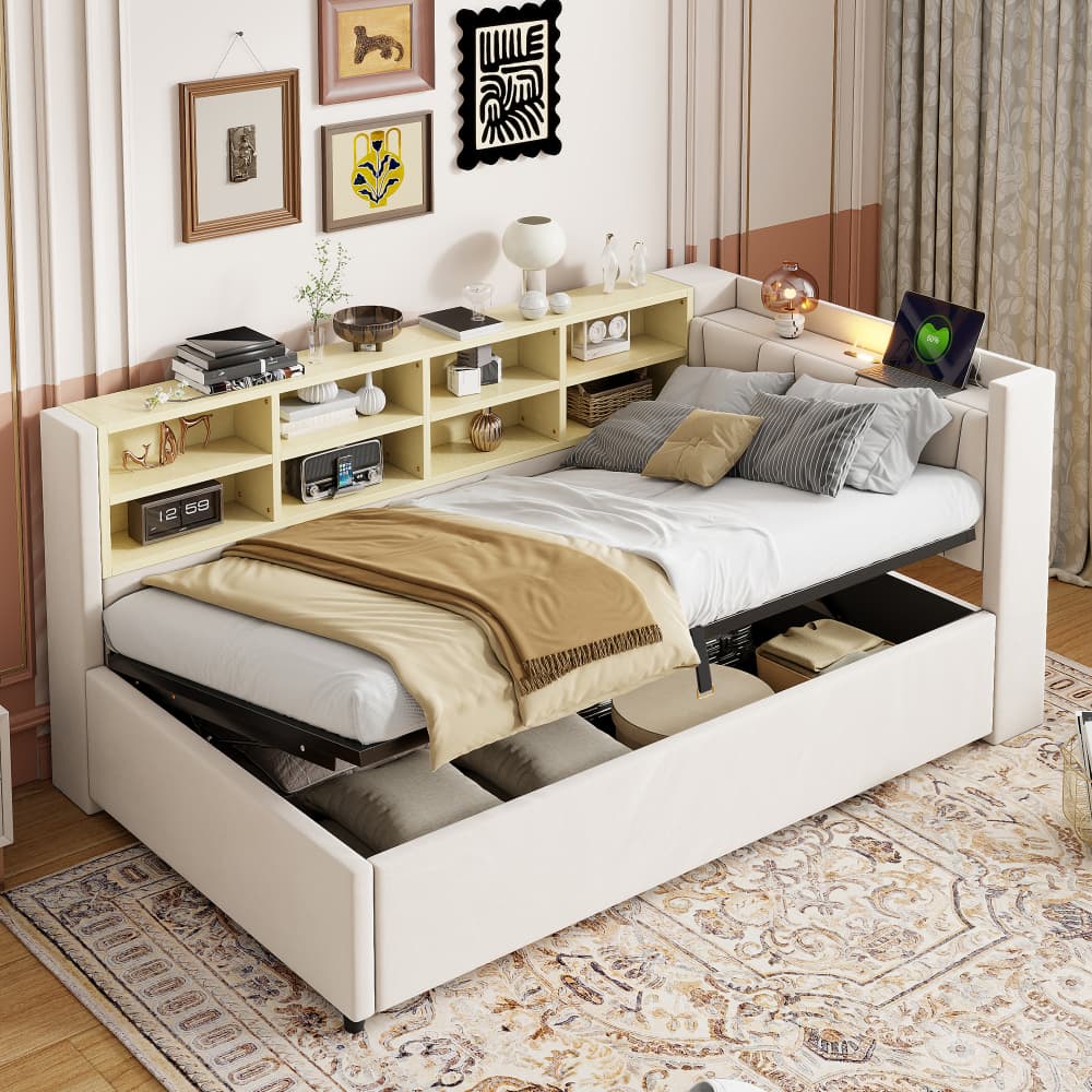 Cama tapizada 90x200cm con canapé, luz LED y usb en terciopelo beige