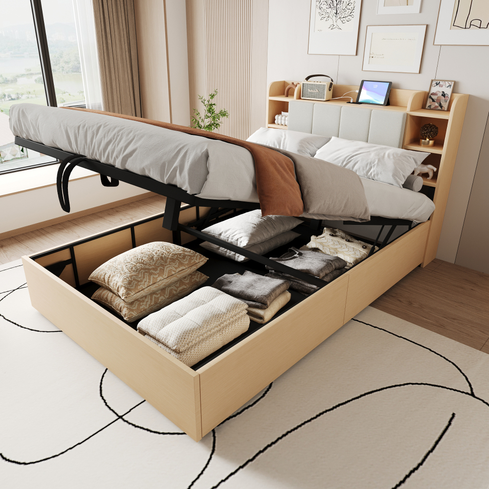 Cama individual 140x200cm con canapé hidráulico y usb madera natural