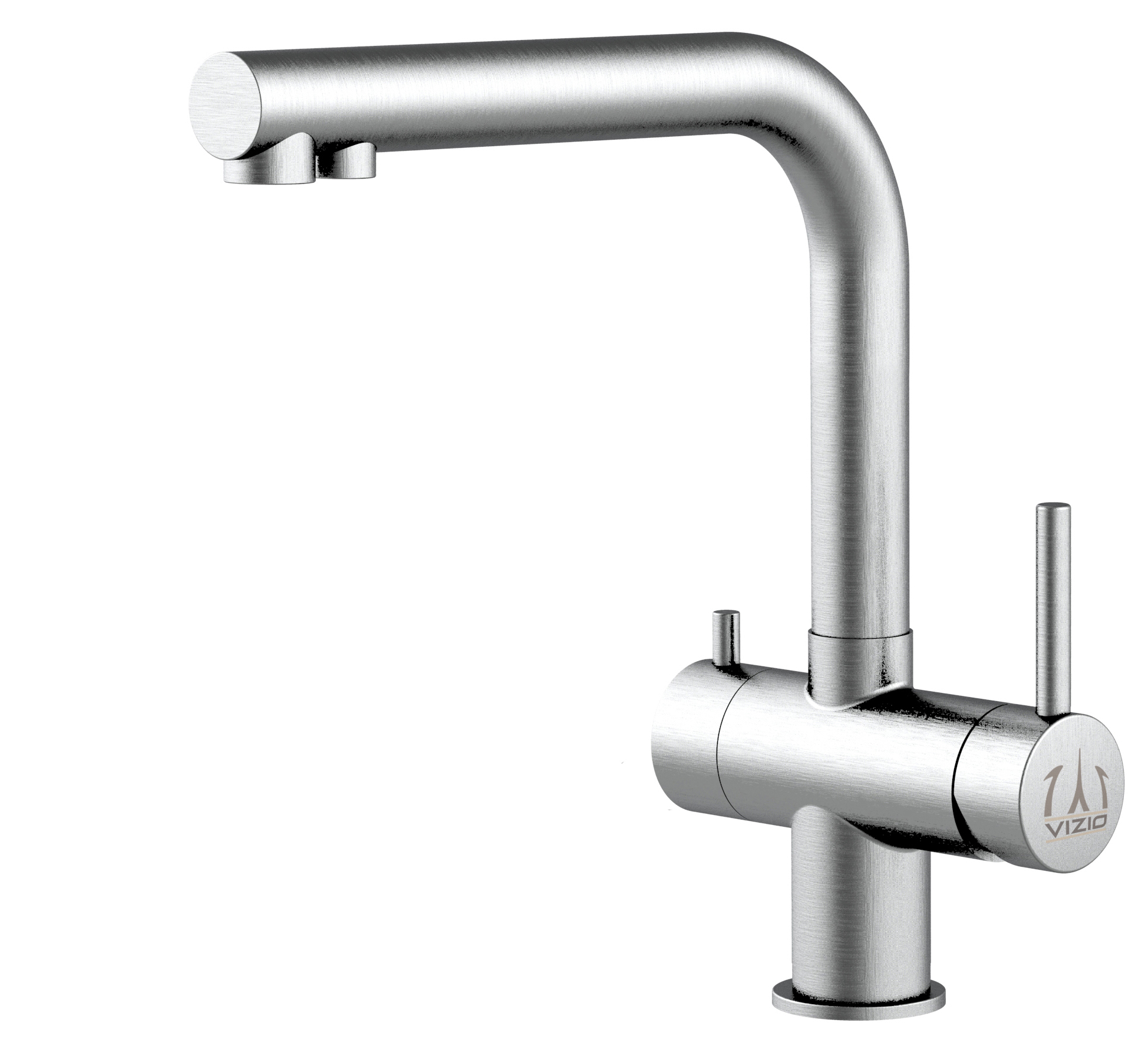 Grifo de cocina 3 vías acero inox cepillado caño L Bajo giratorio