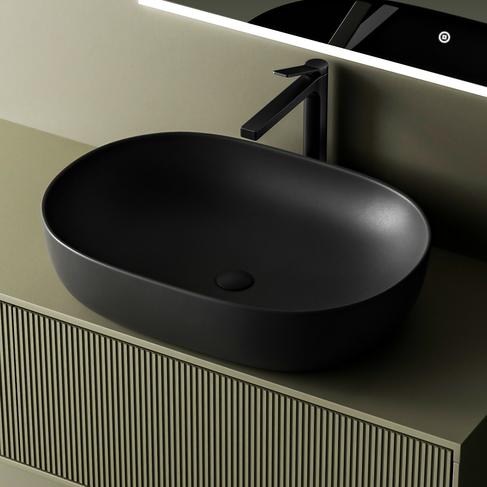 Emke lavabo ovalado de cerámica para encimera, negro mate, 60x41,5x13,5cm