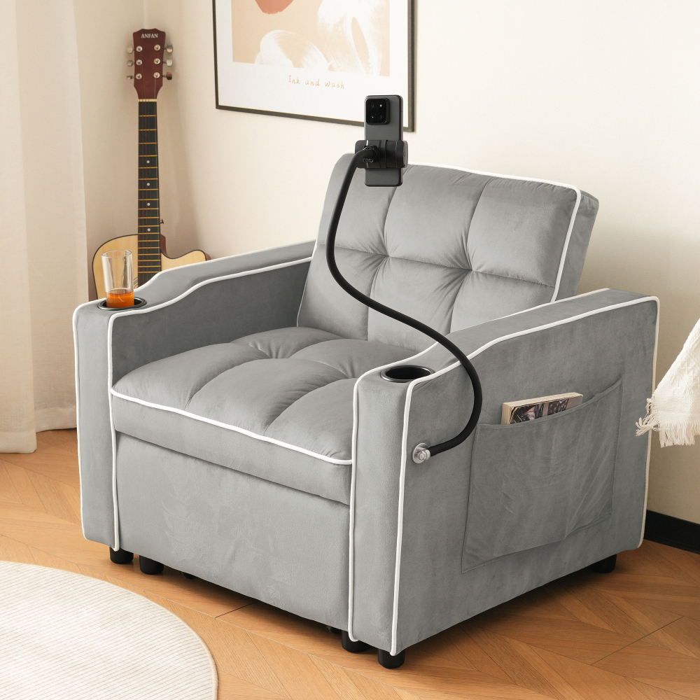 Sofá cama individual 3 en 1 terciopelo gris 1 plaza con respaldo ajustable