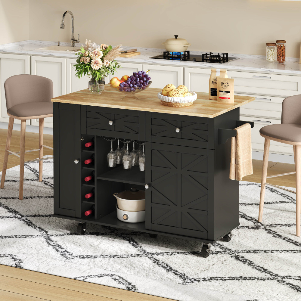Isla de cocina con encimera abatible 1 puerta 2 cajones negro 89x120x45cm