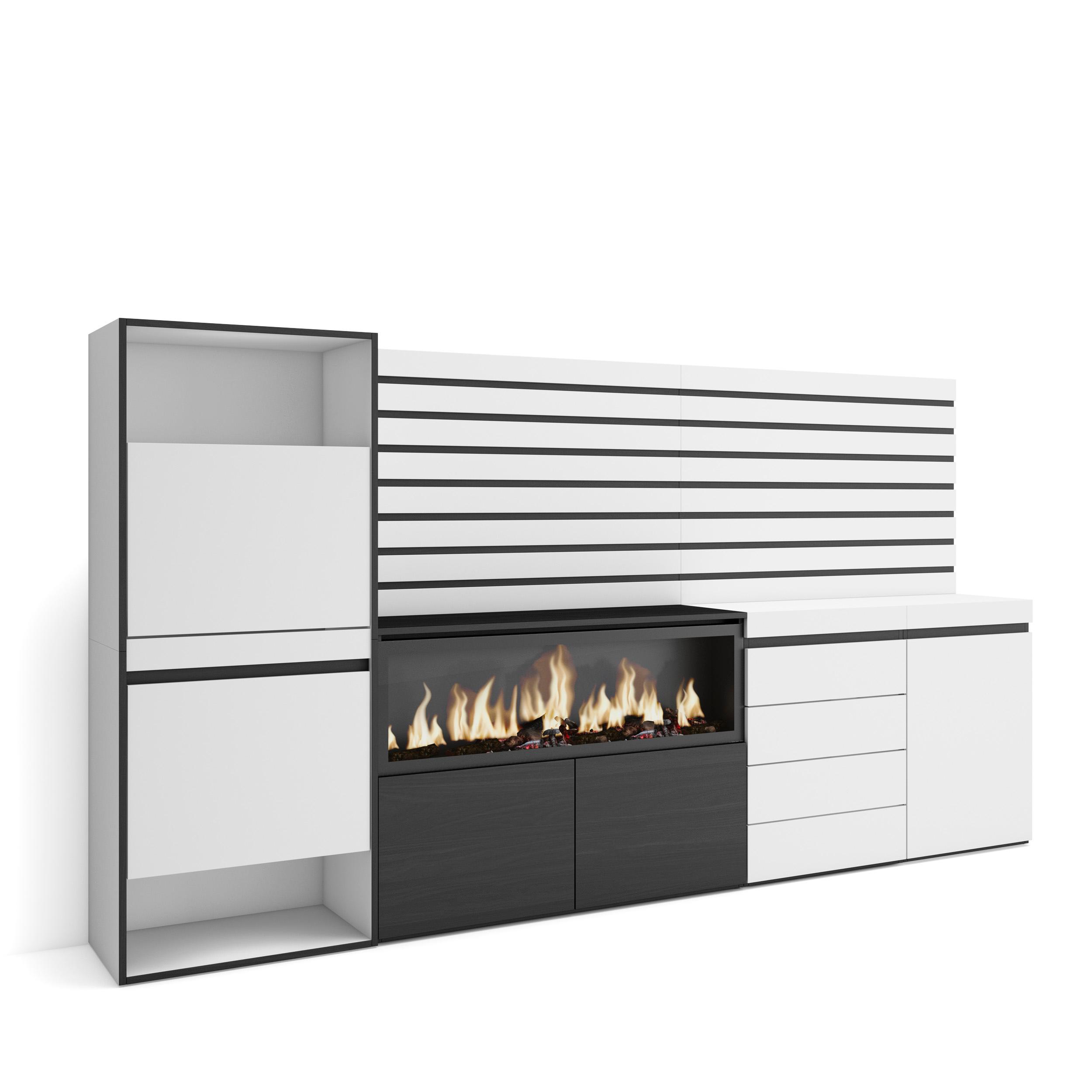 Zapatero, chimenea eléctrica, cómoda, cajonera, listones decorativos rf3556