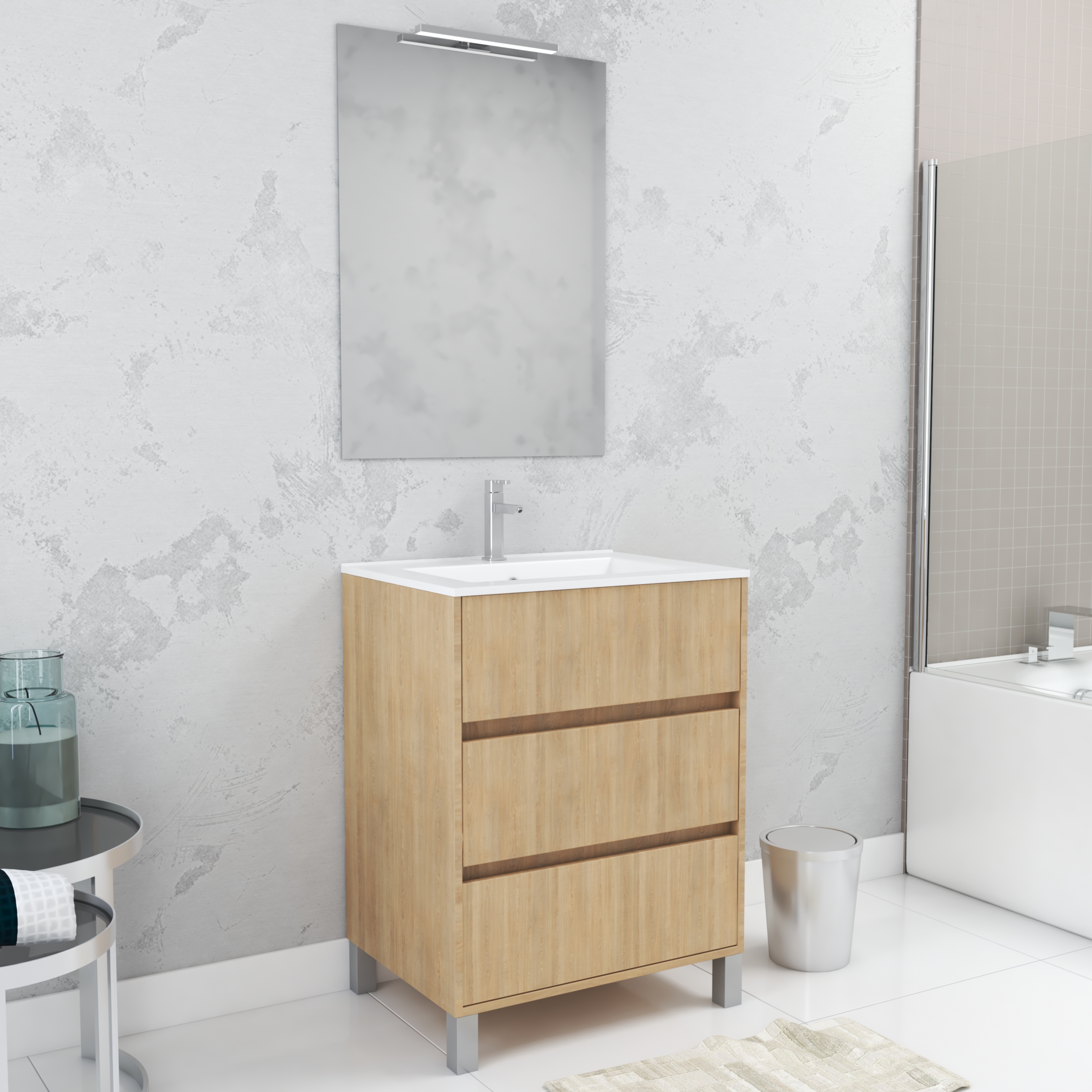 Mueble baño 60cm roble 3 cajones + lavabo + espejo 60x80 + aplique LED