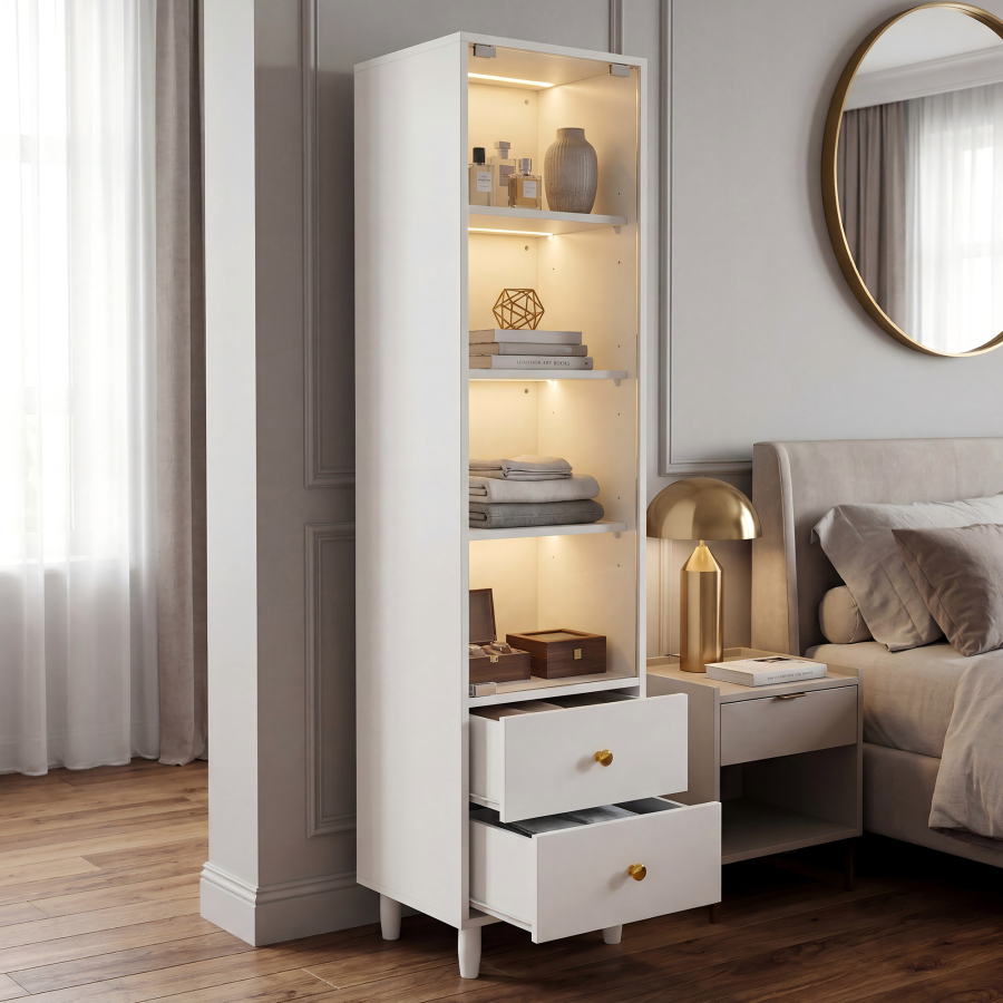 Vitrina con LED y 2 cajones blanca 165x40x35cm
