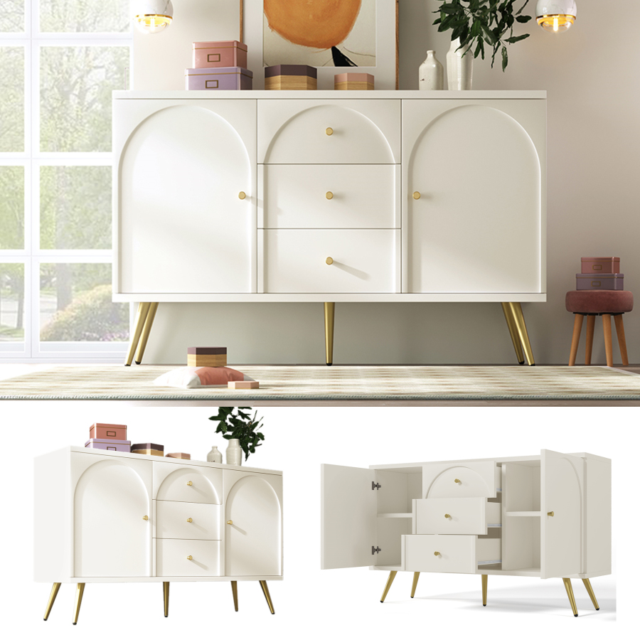 Aparador con 2 puertas y 3 cajones crema blanco 84x140x40cm