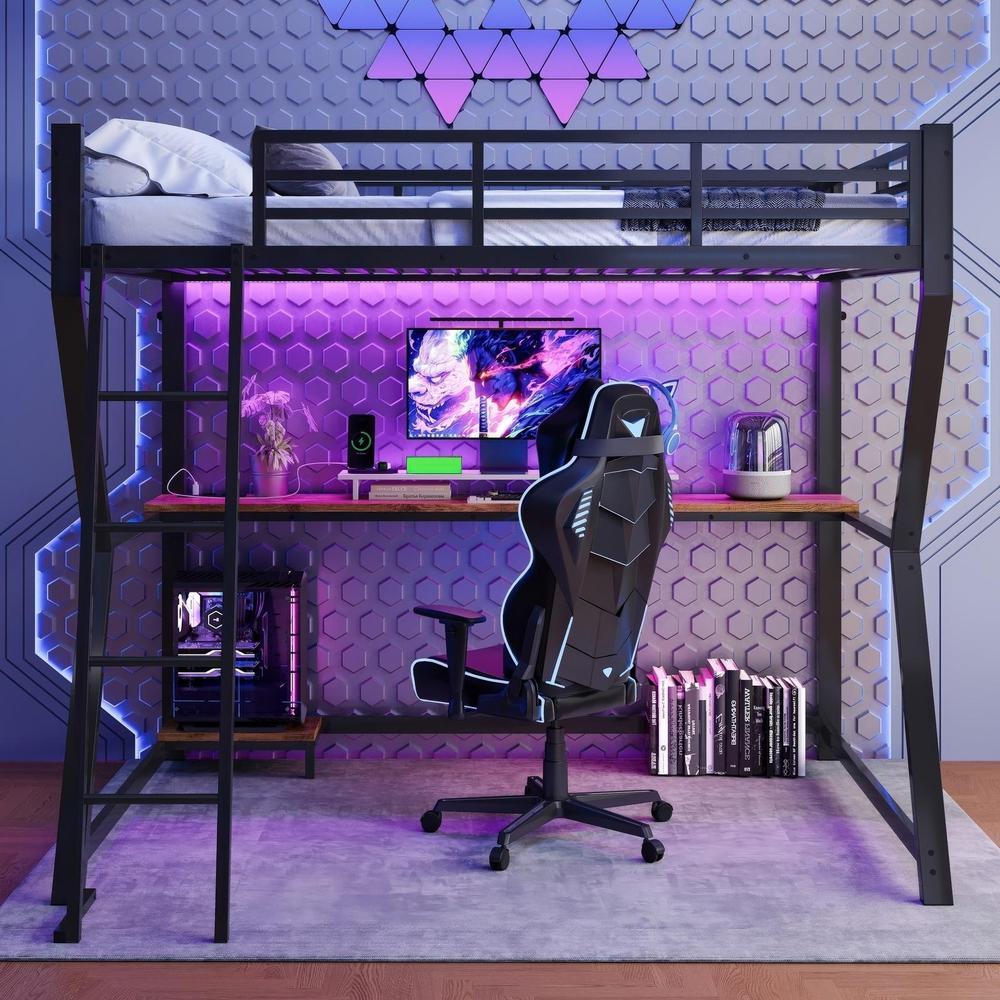 Cama alta 90x200cm con escritorio gaming LED, toma usb, escalera,negro
