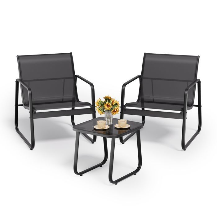Conjunto lounge jardín 3 piezas negro metal vidrio 44x44 cm