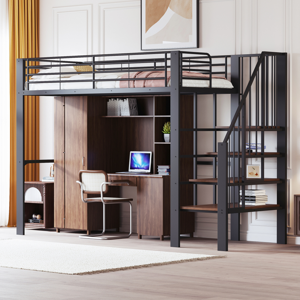 Cama alta metálica 90x200cm con escalera y espacio inferior libre – negro